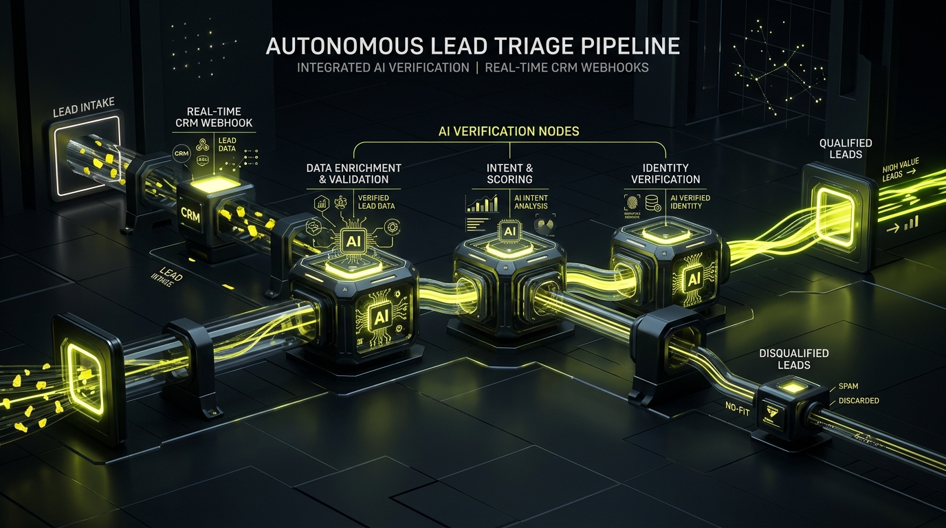 Autonomous Lead Triage Pipeline Diagram showing Real-Time CRM Webhooks and AI Verification Nodes