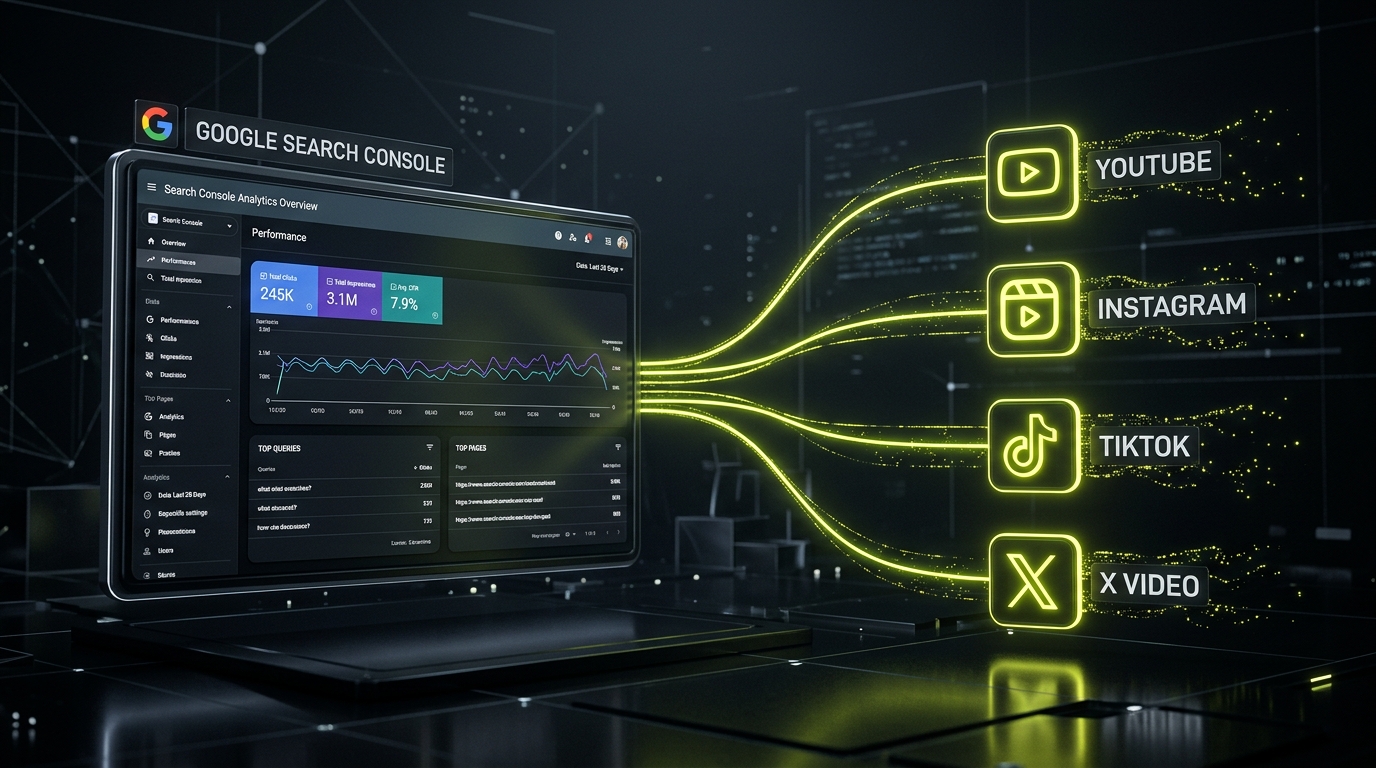 Google Search Console Platform Properties Analytics Dashboard connecting YouTube, Instagram, TikTok, and X