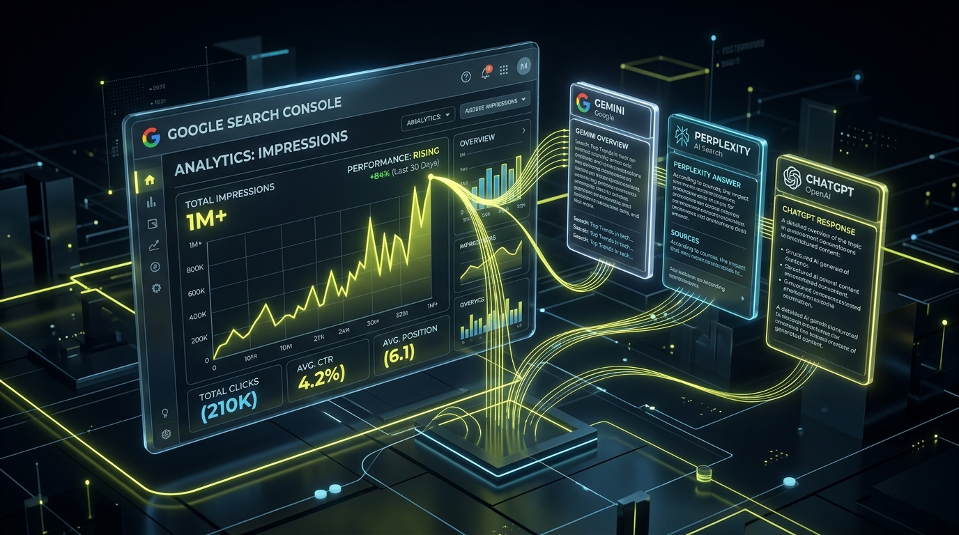 Google Search Console Analytics Dashboard showing rising organic impressions for AEO and AI Overviews queries