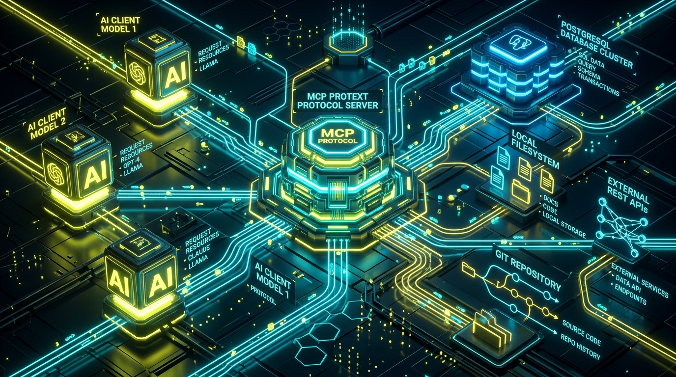 Model Context Protocol MCP Server Architecture connecting AI Clients to Databases Filesystems and APIs