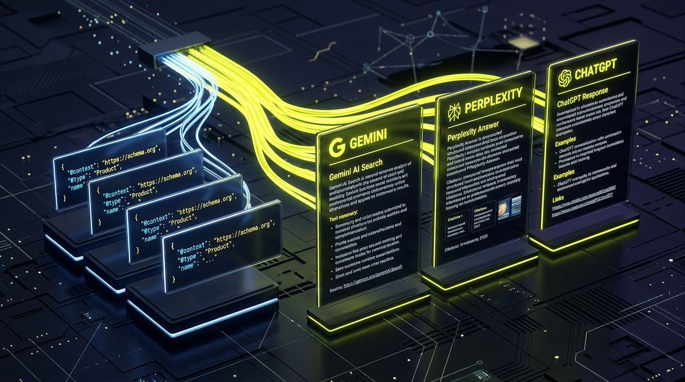 JSON-LD Schema Markup Code transforming into glowing AI Answer Cards for Gemini, Perplexity, and ChatGPT