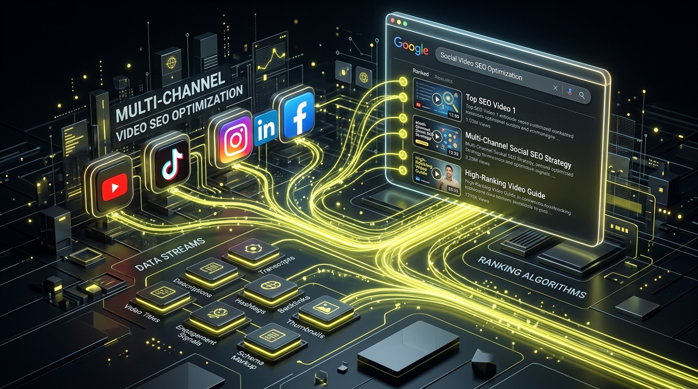 Multi-Channel Social Video SEO Strategy Diagram connecting YouTube, TikTok, Instagram, and X to Google Search Algorithms