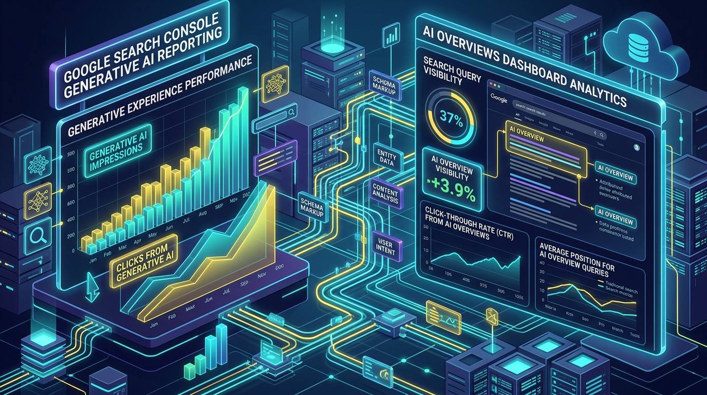 Google Search Console Generative AI Reporting Analytics Dashboard Illustration