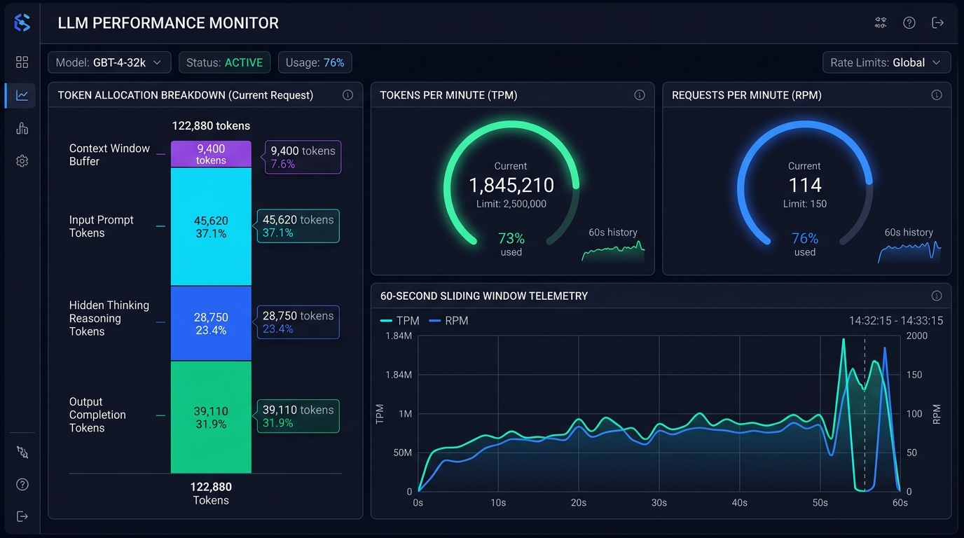 LLM Token Architecture Telemetry Dashboard Showing Context Window and TPM Calculations