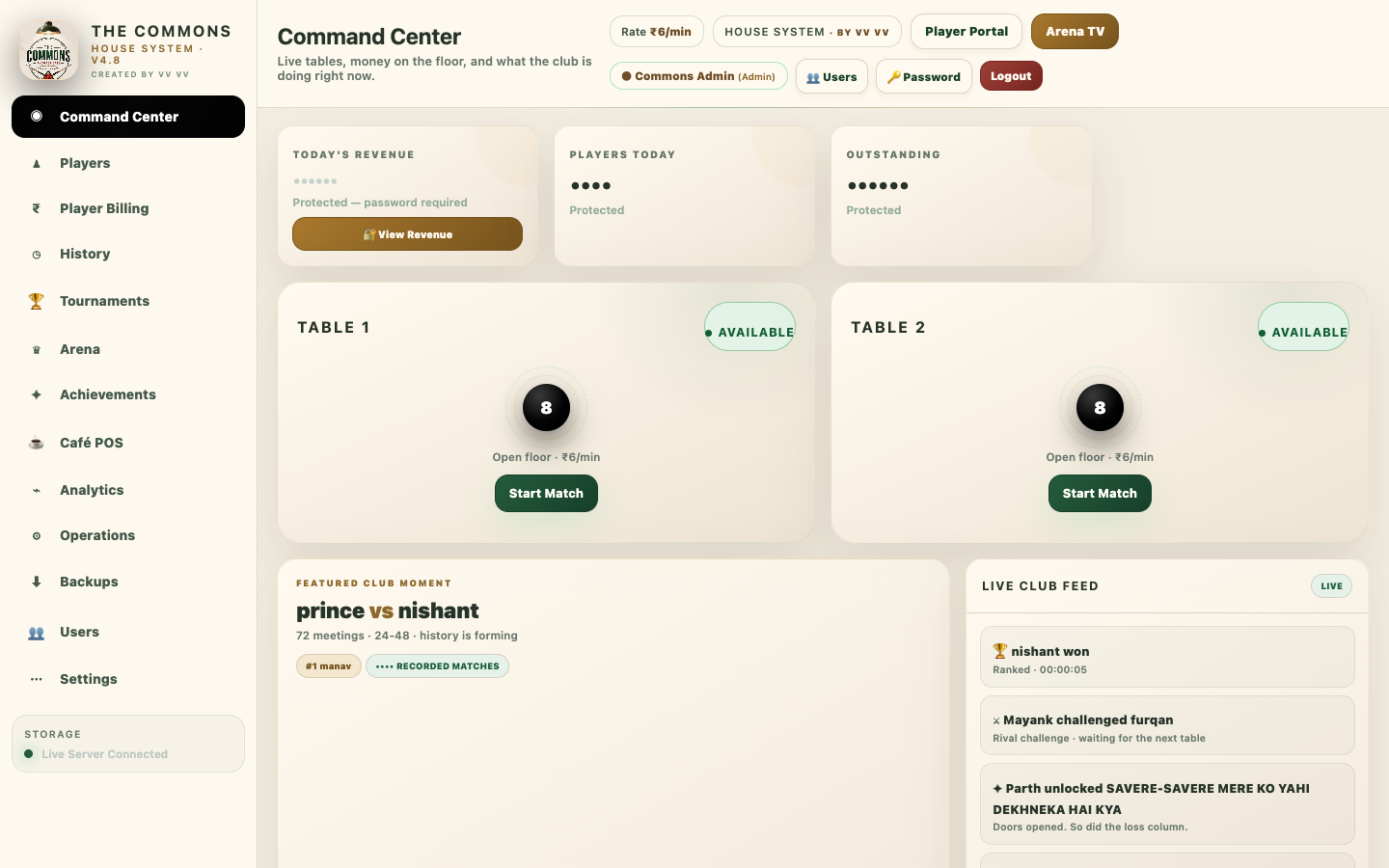 The Commons House System Snooker Lounge ERP Live Admin Dashboard